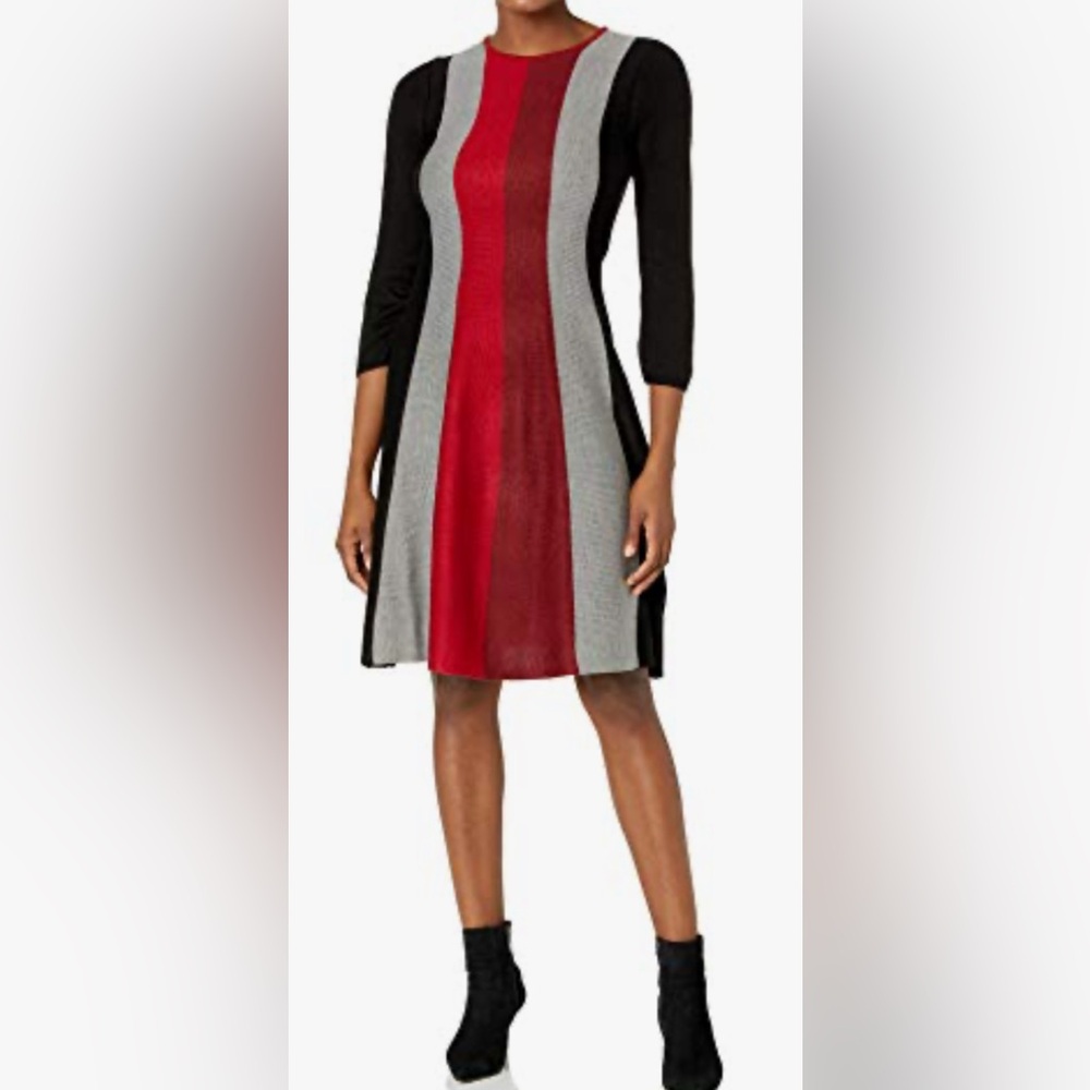 Jessica Howard Dress Gray Red & Black Knit Sweater 3/4 Sleeves Striped M👍